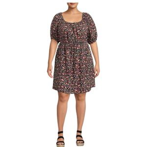 Terra & Sky Women's Plus Size Puff Sleeve Dress with Tie Back Black Floral Sz 1X